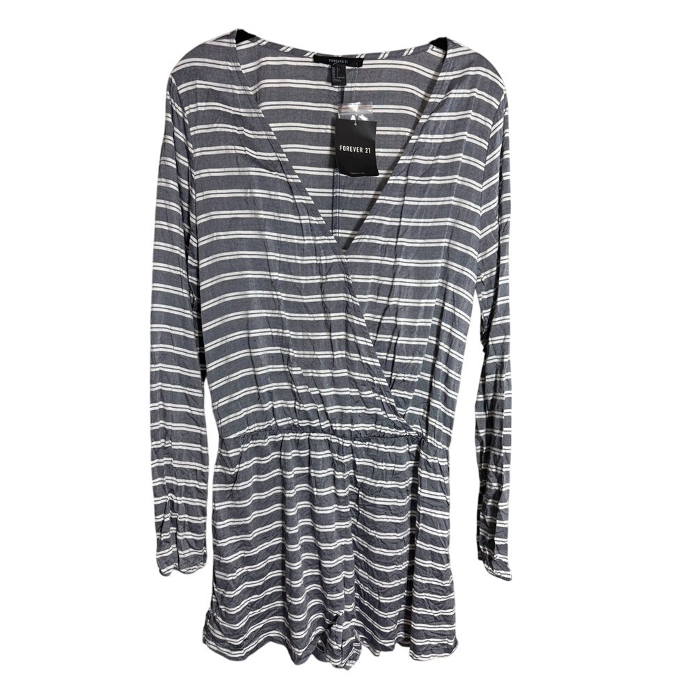 Forever 21 Striped Romper Size L Long‎ Sleeve Gray White Surplice NWT